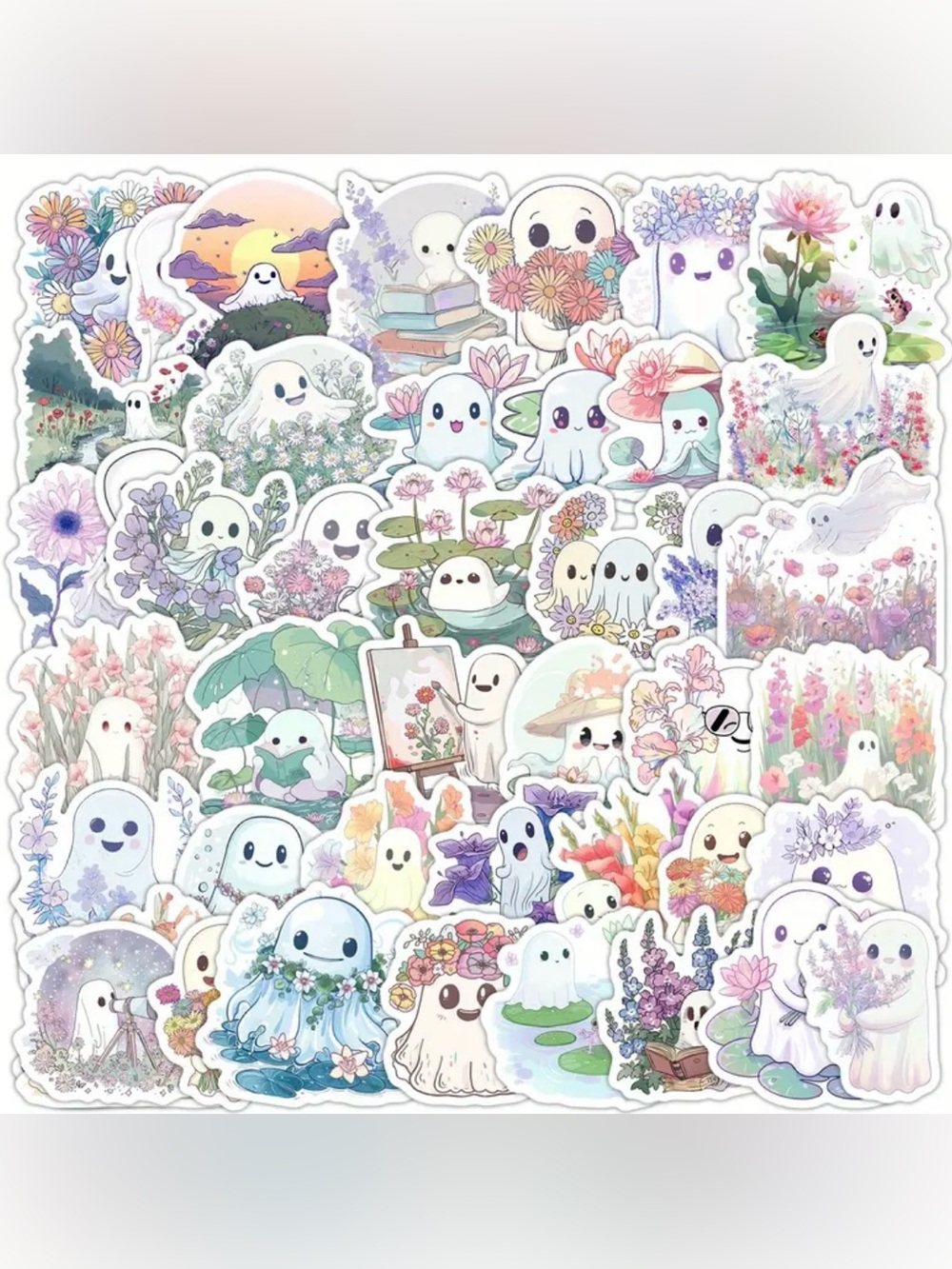 50 Halloween Ghost & Flowers Stickers Pastel Colors Nature Scenes